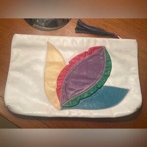 Vintage 1980s Leather Patchwork Color-Block Leaf Appliqué Clutch